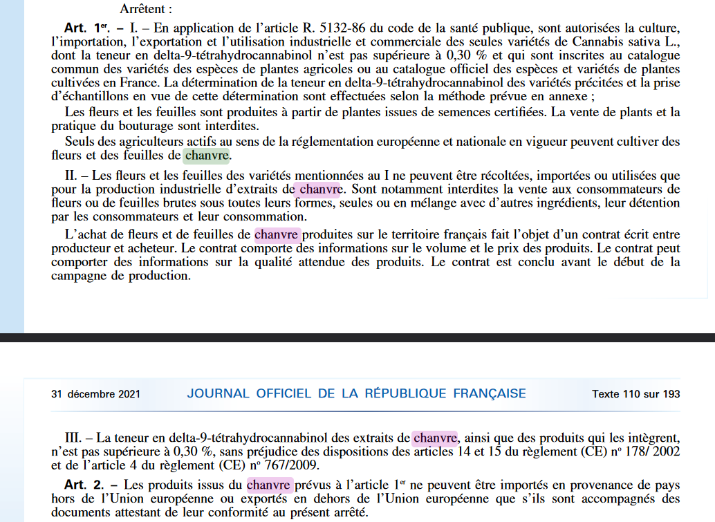 Extrait du Journal Officiel portant sur l'interdiction de la vente de CBD en France