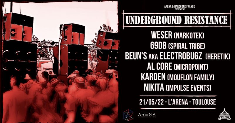 Flyer de la soirée Hardcore France x Arena avec des DJs des free party